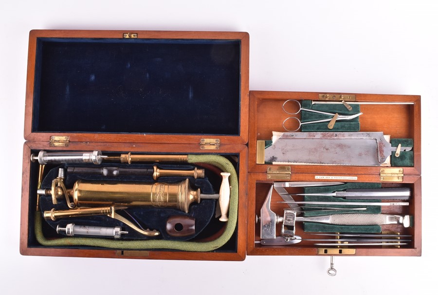 A late 19th century cased set of stomach pumping instruments by Down & Bros, London, with pump and