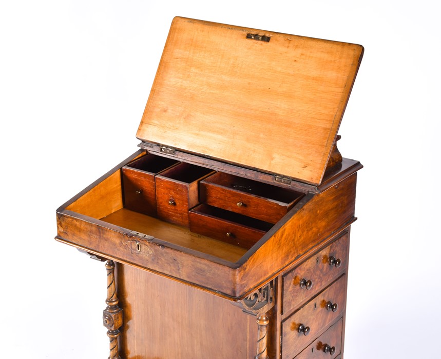 A Victorian burr walnut Davenport the string inlaid top with lifting lid to reveal compartments - Image 3 of 6