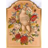 A Victorian firescreen depicting a young northern goshawk and flowers, framed, wool and bead