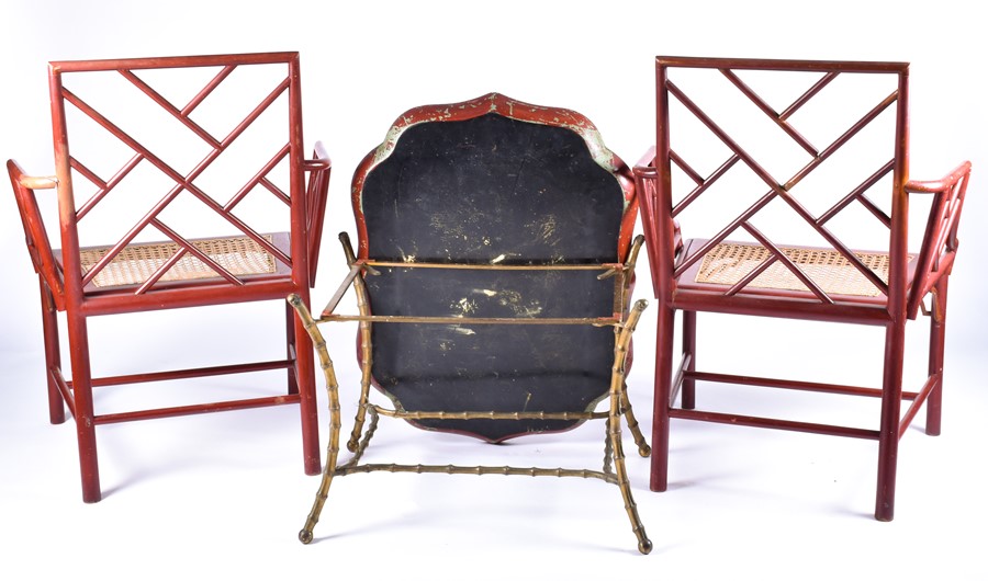 A pair of 20th century cockpen chairs with red painted frame and caned seat, each 88 cm high x 60 cm - Image 5 of 7