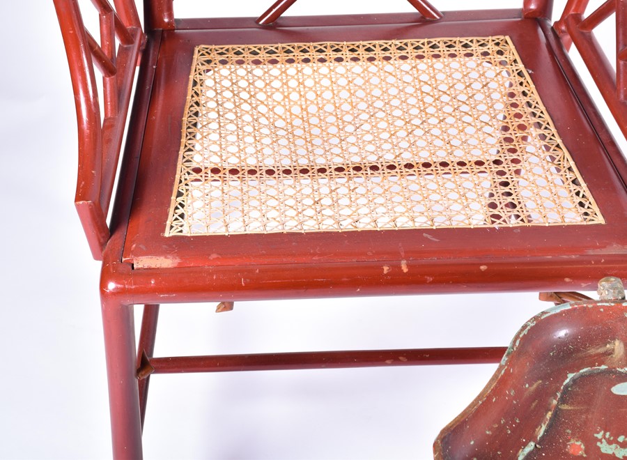 A pair of 20th century cockpen chairs with red painted frame and caned seat, each 88 cm high x 60 cm - Image 3 of 7