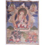 An early Tibetan Thangka of Buddha Shakyamuni 18th or 19th century, the central figure seated in the
