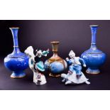 Five items of Royal Worcester porcelain comprising a pair of 'Sabrina Ware'  vases of tall-necked