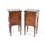 Pair of 19th century French bedside cabinets with green marble tops above a single frieze drawer