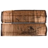 Two Chinese scroll paintings depicting 'Spring' and 'winter' each scroll decorated with scenes of