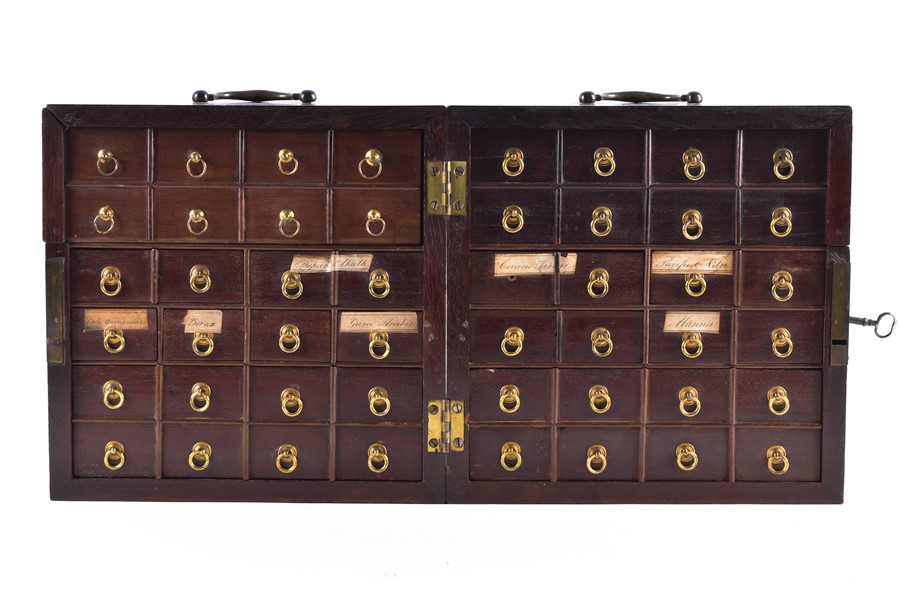 A rare 18th century mahogany medicine chest of 'spice cupboard' style c.1780, the central hinge