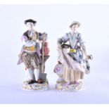 A pair of late 19th century Meissen figures modelled as gardeners, he with a spade and watering