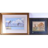 Lionel Dundas (XX) depicting two mallard ducks, a male and a female, flying over a lake, signed