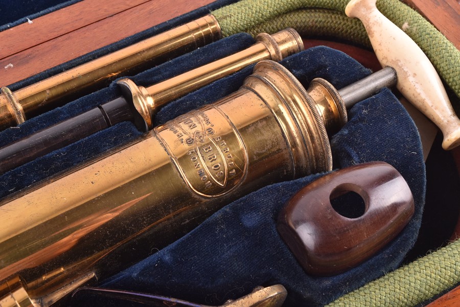 A late 19th century cased set of stomach pumping instruments by Down & Bros, London, with pump and - Image 2 of 7