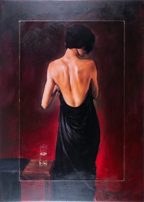 Michael J. Austin (XX-XXI) British depicting a woman's back and a glass of water on a table,