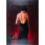 Michael J. Austin (XX-XXI) British depicting a woman's back and a glass of water on a table,
