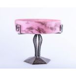 A French Art Deco bowl on wrought iron stand in the manner of Edgar Brandt the mottled glass bowl