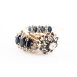 A 9ct yellow gold, sapphire, and white stone cluster ring size L, together with two further 9ct