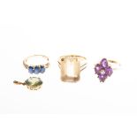 A 9ct yellow gold, amethyst and seed pearl ring size M, together with a 1970s/80's yellow metal