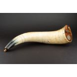 A late Victorian Welsh drenching horn with closed pointed end, the lid with metal plaque reading '