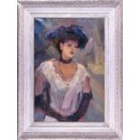 Dutch School, 20th century depicting a young lady with blue feathers in her hat, bearing