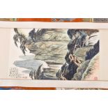 A 20th century Chinese scroll watercolour painting of the Jiu Long mountains with trees and