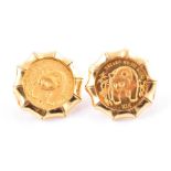 A pair of 18ct yellow gold and Chinese coin earrings each set with a .999 coin depicting a panda,