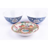 A pair of early 20th century Chinese bowls each decorated with applied blue enamel bodies with