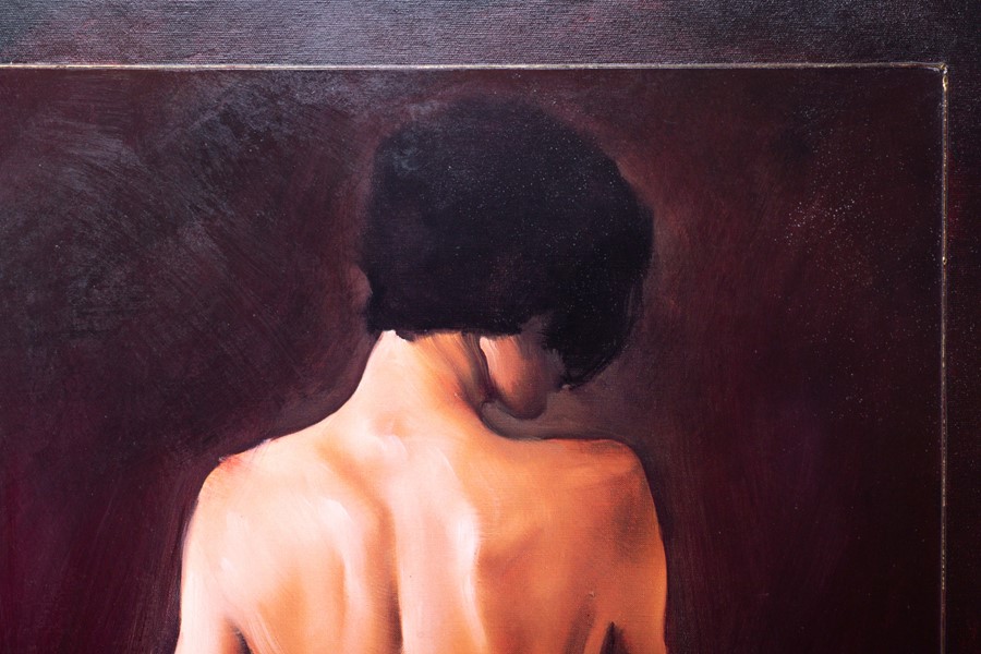 Michael J. Austin (XX-XXI) British depicting a woman's back and a glass of water on a table, - Image 7 of 8