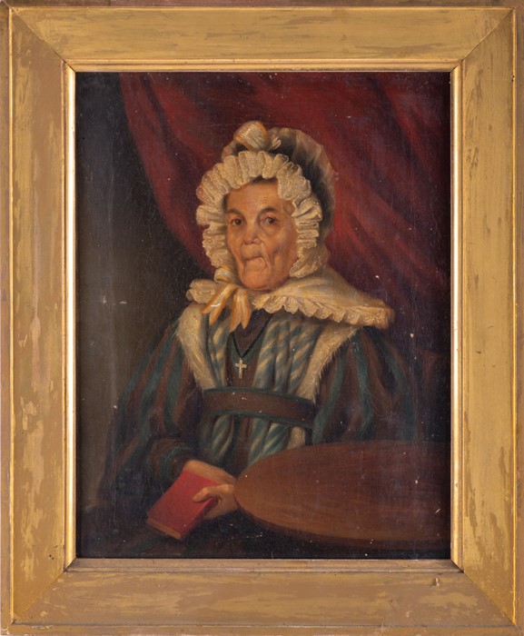 Continental school, 20th century depicting an elderly woman with a book, unsigned, oil on canvas,