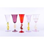 Five 20th century Italian Murano wine glasses probably by Salviati, comprising a pair with twist