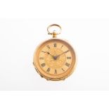 A yellow metal pocket watch with black Roman numerals to gold dial, the case with engraved