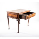 A George III oak and inlaid low boy with single drawer and brass mounts, on four slight cabriole