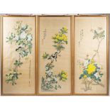 Three early 20th century Chinese watercolours on silk each of vertical form with birds perched on