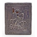 Ikone mit Silberoklad (Russland, 19. Jh.)Heiliger Georg, zu Pferd mit Drachen kämpfend. Eitempera/