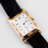 Herrenarmbanduhr "Genève".Recheckiges 585/000 GG-Gehäuse mit reliefiertem, teils schwarz emailierten