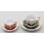 Kaffee- und Mokkatasse, je mit Untertasse, Meissen,"B-Form". Goldbronzeornamente und