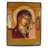 Ikone (Russland, 19. Jh.)Gottesmutter Iwerskaja mit den Randheiligen Michael und Anna. Eitempera/
