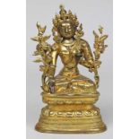 Skulptur der "Weißen Tara".euervergoldete Bronze, 1.078 g. Detaillierte Ausformung im dhyanasana-