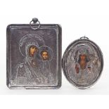 Zwei Ikonen.Rechteckform mit Gottesmutter und Kind sowie Geistlichem. Temperamalerei. Je in 84