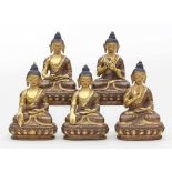 Satz von fünf Buddhas,in verschiedenen Meditationshaltungen, jeweils auf Lotossockel. Bronze/Kupfer,