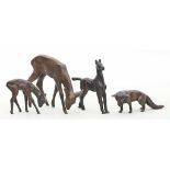 Unbekannte Künstler (20. Jh.)Reh, Rehkitz, Esel und Fuchs. Bronze, in unterschiedlichen Brauntönen