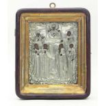 Ikone mit Silberoklad, Kaluga 1866 (?).Thronende Gottesmutter mit Kind und sechs Heiligen.