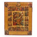 Ikone (Russland, 18./19. Jh.)Im Zentrum Höllenfahrt und Auferstehung Christi, umgeben von 16