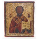 Ikone (Russland, 19. Jh.)Heiliger Nikolaus. Eitempera auf Goldgrund/Holztafel (best.). Ca. 35x 30