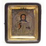 Ikone (Russland, 19. Jh.)Christus Pantokrator. Eitempera/Holztafel und Messingoklad mit