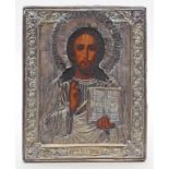 Ikone mit Silberoklad, Moskau 1851.Christus Pantokrator. Eitempera/Holztafel. Silberoklad, teils