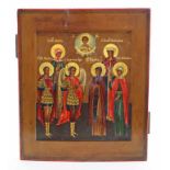 Ikone (Russland, um 1800)Darstellung mit sechs Familienheiligen wie Erzengel Michael sowie