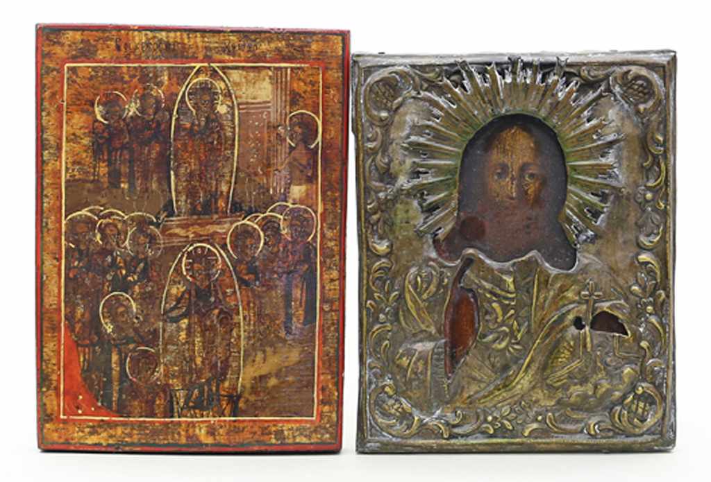 Zwei Ikonen (Russland, 19. Jh.)Christus Pantokrator und Heiligendarstellungen in Aureolen.
