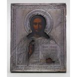 Ikone mit Silberoklad, Moskau 1896.Christus Pantokrator. Eitempera/Holztafel. Silberoklad mit Mz."