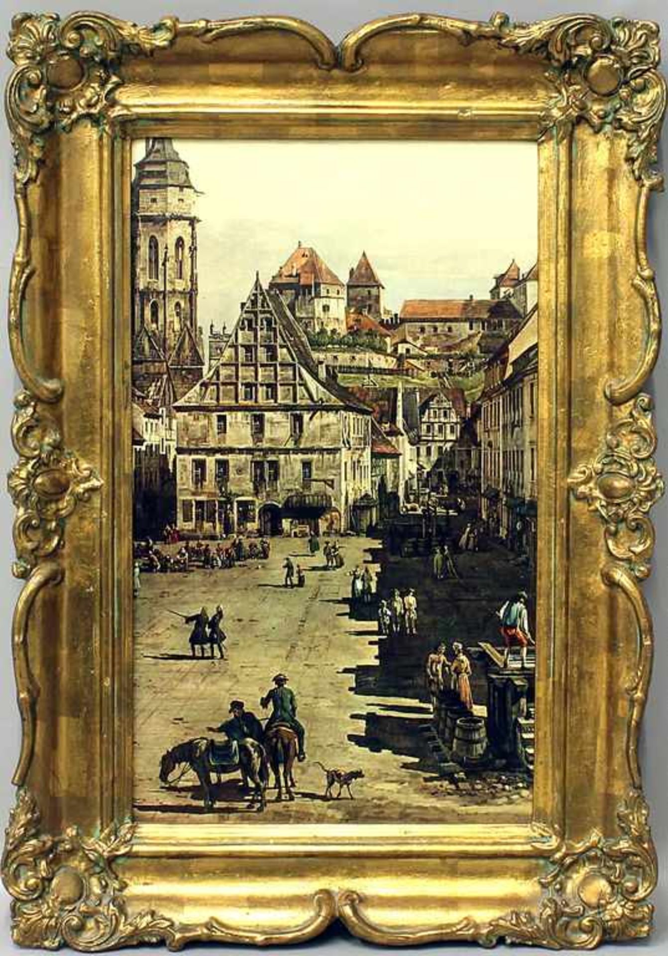 Goldstuckrahmen,Falzmaß ca. 44x 27 cm, Rahmenbreite ca. 7 cm. Inliegend Kunstdruck.