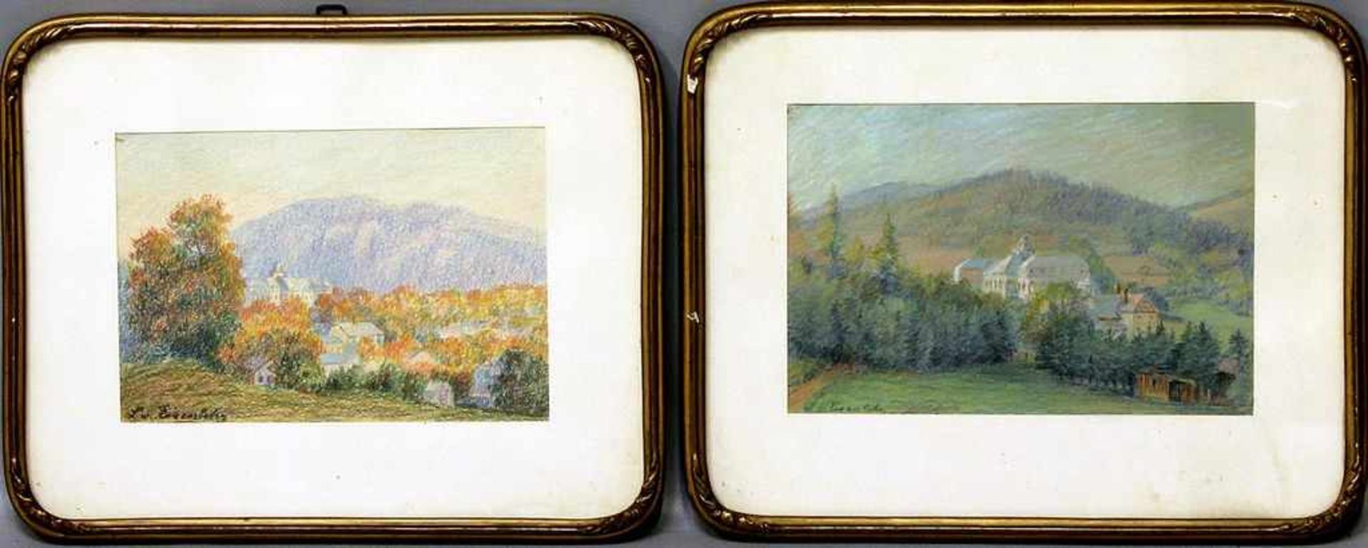 v. Eisenholz, L. (1. Hälfte 20. Jh.)2 Landschaften mit Schlossansichten. Pastell, je li. u. sign.