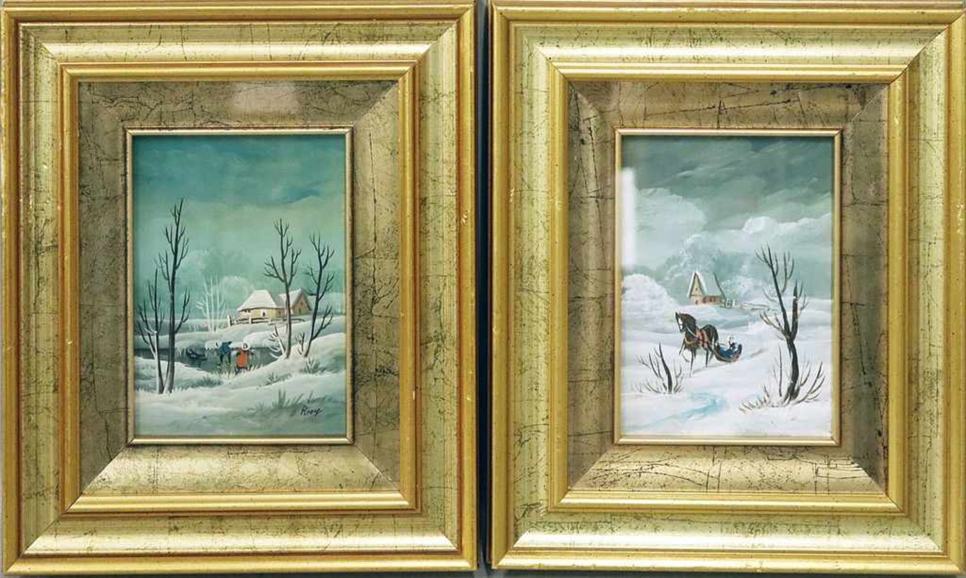 2 Bilder/Rahmen (20. Jh.)Winterlandschaften. Öl/Platte, 1x re. u. sign. "Roy"?. Ca. 18x 13 cm. R.