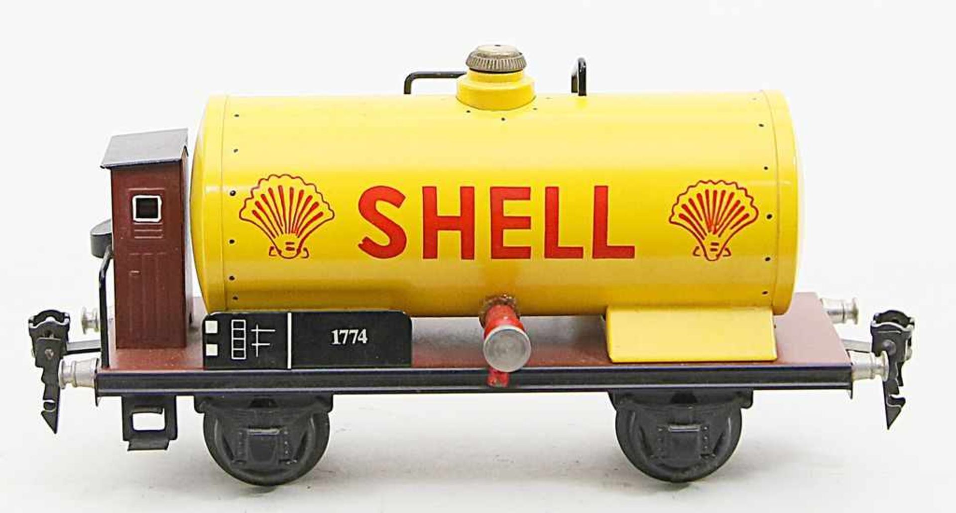 Shell-Kesselwagen, Hehr, Spur 0.Art.-Nr. 1774 S. Handlackiertes Blech. Nahezu unbespielt. L. 18