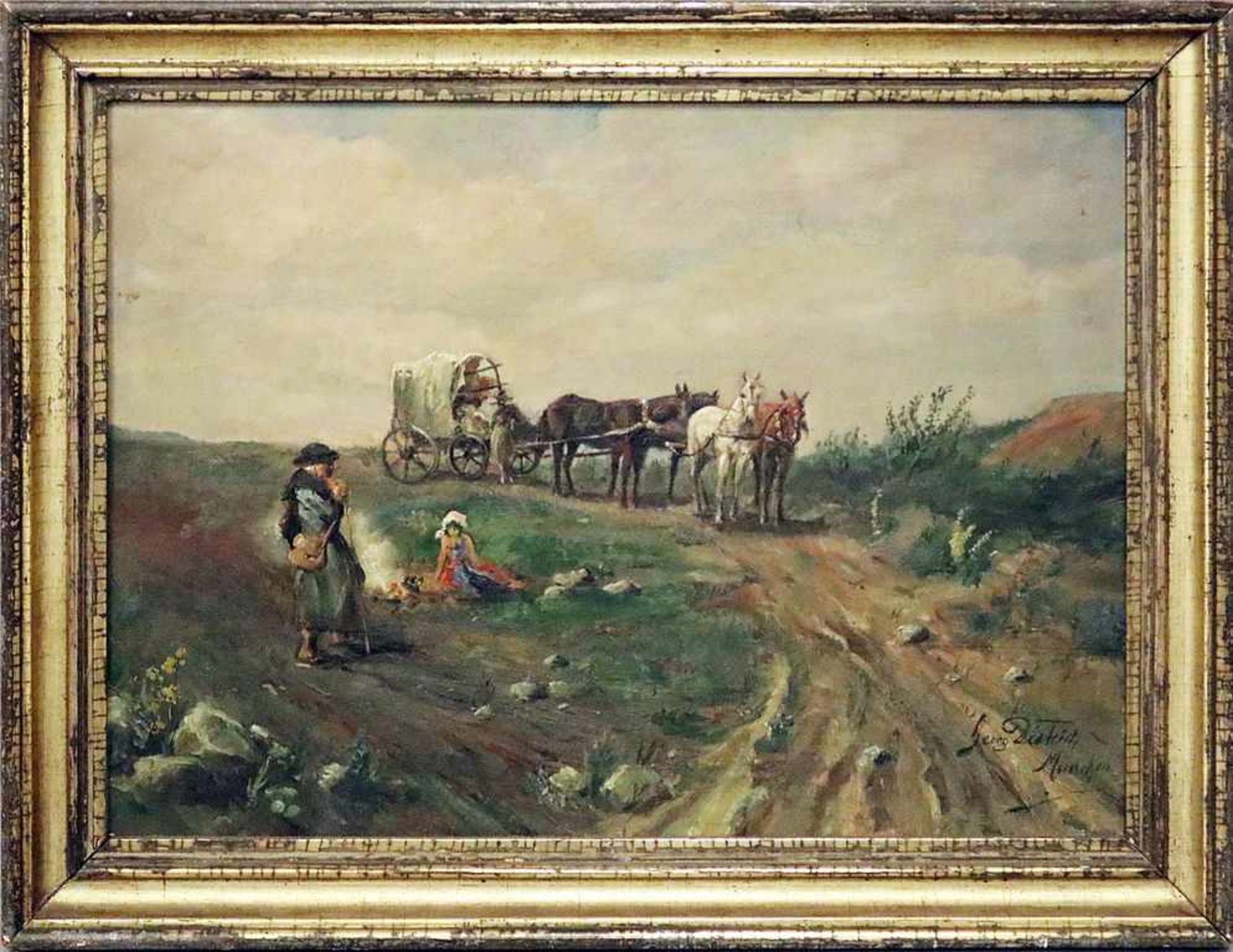 Dietrich, Georg (2. Hälfte 20. Jh.)Reisende am Feuer mit Planwagen und Pferden. Öl/Holz (